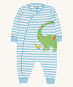 Frugi blue striped zip romper dino design on a cream background.