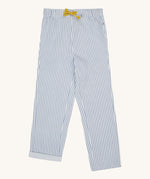 Frugi blue and white striped trousers on a cream background.