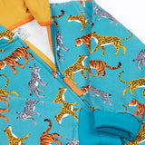 A close up of the zip closure on the front of the Frugi Organic Cotton blue wild cats print Children's Big Snuggle Suit. This all in one snuggle suit is a part of a wide range of organic cotton clothing for children available here at Babipur. 