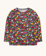Frugi organic cotton long sleeve top laid flat. In navy with a repeating rainbow, flowers and sun print