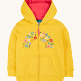 Frugi kids carbis hoodie in bumblebee/flowers available at Babipur. A GOTS organic cotton jersey style hoodie in bright yellow with delicate flower embroidery in a shape of a rainbow. Features elasticated cuffs and a full length zip.