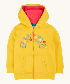 Frugi kids carbis hoodie in bumblebee/flowers available at Babipur. A GOTS organic cotton jersey style hoodie in bright yellow with delicate flower embroidery in a shape of a rainbow. Features elasticated cuffs and a full length zip.