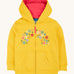 Frugi kids carbis hoodie in bumblebee/flowers available at Babipur. A GOTS organic cotton jersey style hoodie in bright yellow with delicate flower embroidery in a shape of a rainbow. Features elasticated cuffs and a full length zip.