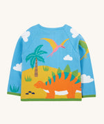 Frugi blue knitted cardigan dino back detail