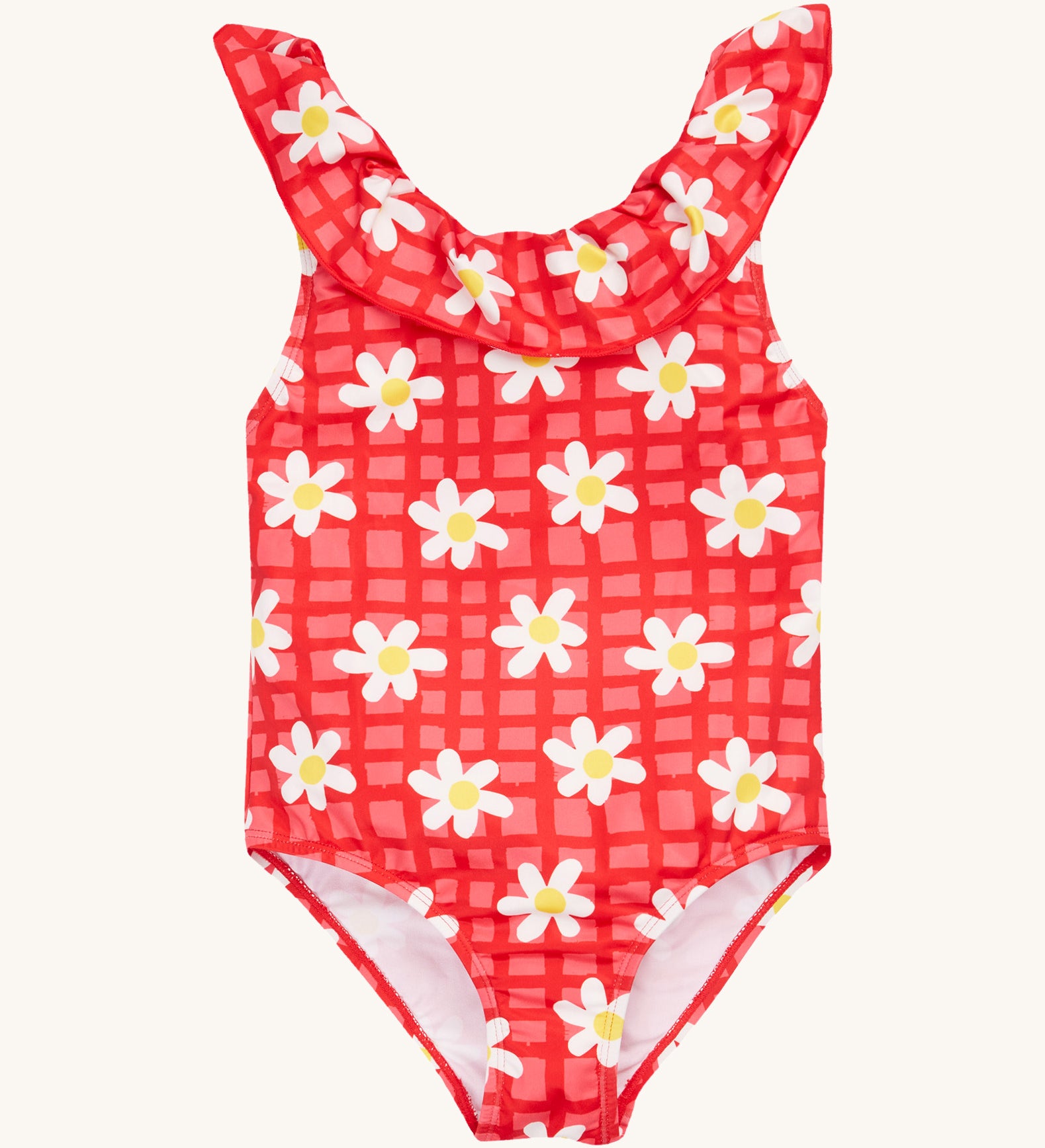 Frugi coral little swimsuit daisy chain design on a cream background.