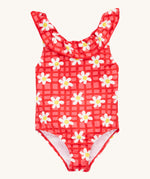 Frugi coral little swimsuit daisy chain design on a cream background.