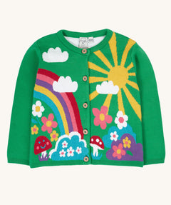 Frugi kids corin knitted cardigan in clover/rainbow available at Babipur. A 100% GOTS organic cotton soft knitted cardigan in green with a bright and playful woodland themed characters.