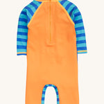 Frugi blue and orange little sun safe suit  crab back detail