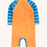 Frugi blue and orange little sun safe suit  crab back detail