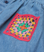 Frugi blue denim dress crochet pocket detail