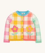 Frugi multicoloured check cardigan daisy design on a cream background.