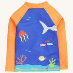 Frugi orange and blue rash vest deep sea diver back detail