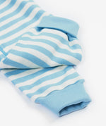 Frugi blue striped zip romper dino design cuff detail