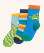 Frugi 3 little socks dino design on a cream background
