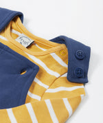 Frugi navy, yellow stripe dungaree outfit dino design shoulder button and popper detail
