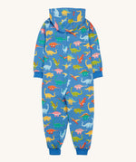 Frugi blue snuggle suit dino roar back detail