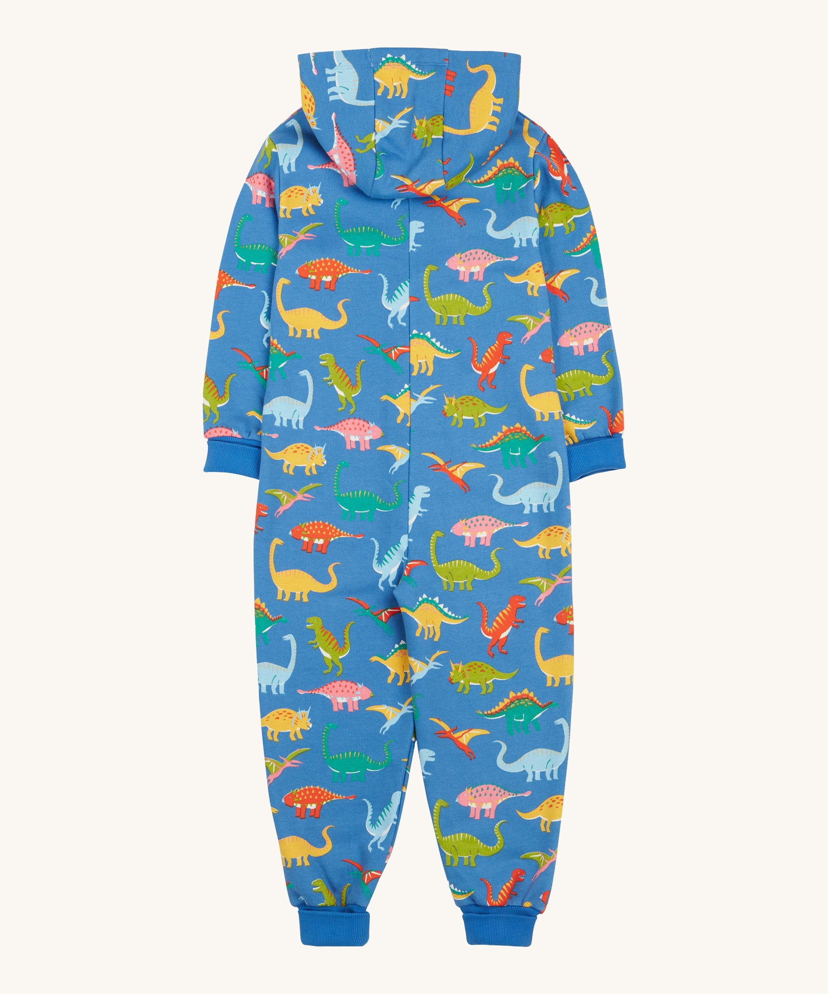 Frugi blue snuggle suit dino roar back detail