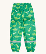 Frugi green rain and shine trousers dino roar design on a cream background.