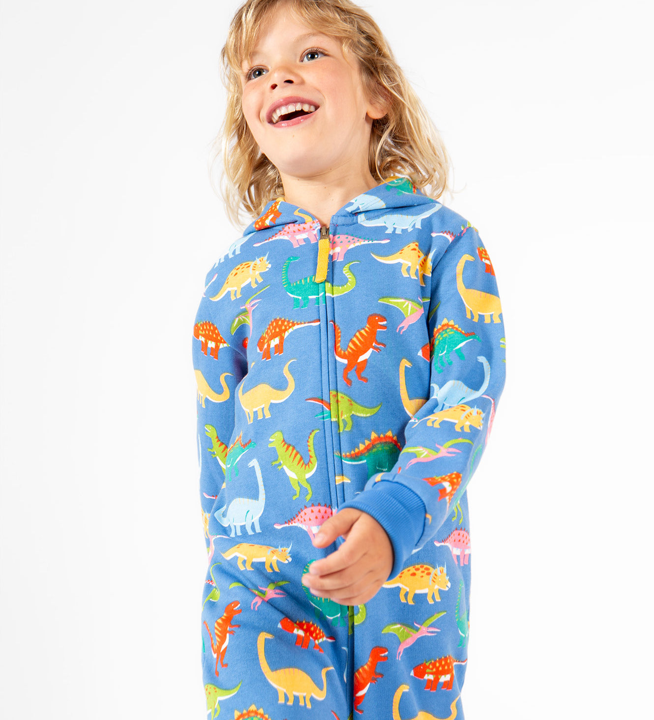 Frugi blue snuggle suit dino roar design 