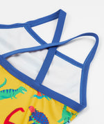 Frugi yellow swim suit dino roar design shoulder strap detail