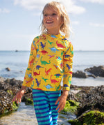 Frugi yellow, blue stripe sun safe dino roar design 