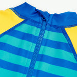 Frugi yellow and stripes little sun safe suit dino back neck detail
