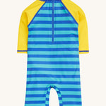 Frugi yellow and stripes little sun safe suit dino back detail