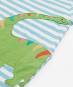 Frugi blue striped zip romper dino design print detail