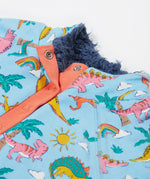 Frugi blue snuggle fleece dinoland neck detail
