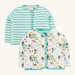 Frugi white and green stripe reversible jacket farm life design on a cream background.
