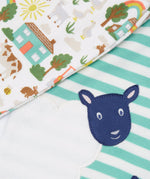 Frugi green stripe summer outfit farm life print detail