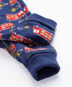 Frugi navy snuggle suit fire engine cuff detail