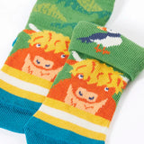 Frugi GOTS organic cotton sock showing one pair with yellow stripes with a little Highland cow and details hidden under the cuff