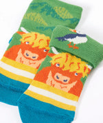 Frugi GOTS organic cotton sock showing one pair with yellow stripes with a little Highland cow and details hidden under the cuff