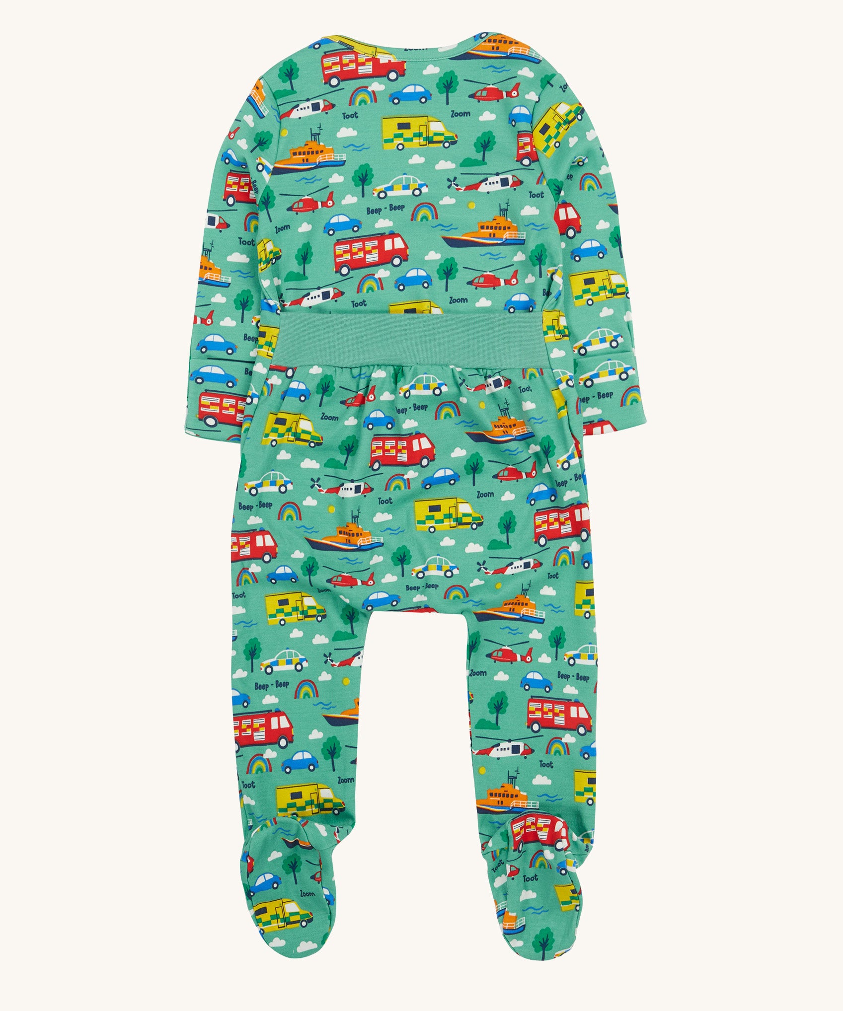 Frugi green dressing baby grow to the rescue back detail