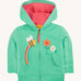 Frugi green hoodie bumblebee design on a cream background.