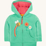 Frugi green hoodie bumblebee design on a cream background.