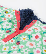 Frugi green snuggle fleece busy bugs neck detail