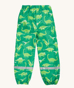 Frugi green rain and shine trousers dino roar design back detail