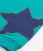 Frugi kids hoodie in a green colour and mulitcoloured block design star patch detail