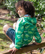 Frugi green rain jacket dino roar design