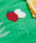 Frugi yellow stripe green spots pinafore outfit lady bird design print detail