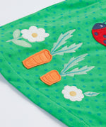 Frugi yellow stripe green spots pinafore outfit lady bird design hem detail