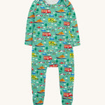 Frugi green dressing baby grow to the rescue design on a cream background.