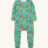 Frugi green dressing baby grow to the rescue design on a cream background.