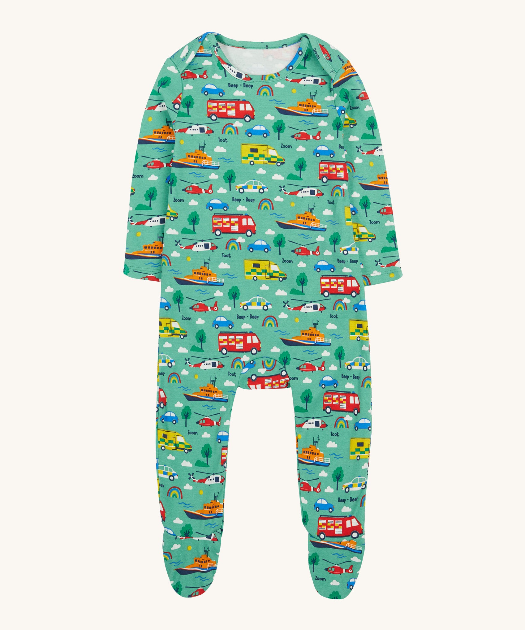 Frugi green dressing baby grow to the rescue design on a cream background.