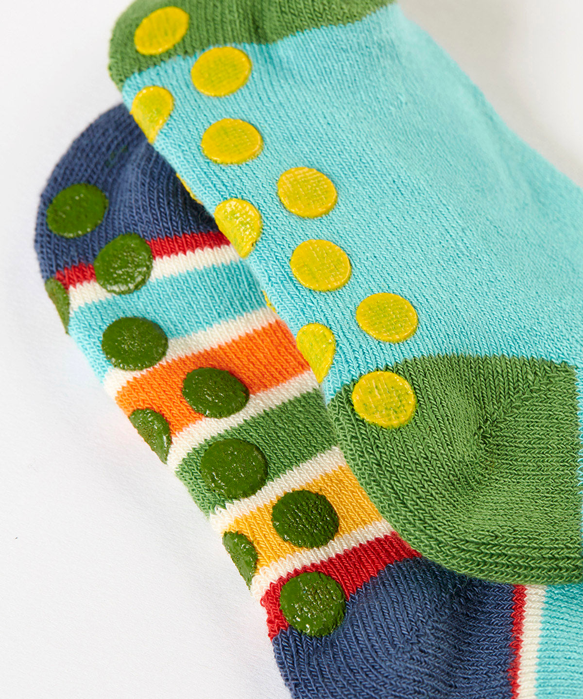 A close up of the underside of the Frugi organic cotton 2 pack socks laid flat. In blue and striped colours with little circle grip panels