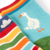 A close up of the Frugi organic cotton 2 pack socks laid flat. Showing a white goose on a light blue sock