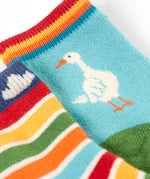 A close up of the Frugi organic cotton 2 pack socks laid flat. Showing a white goose on a light blue sock
