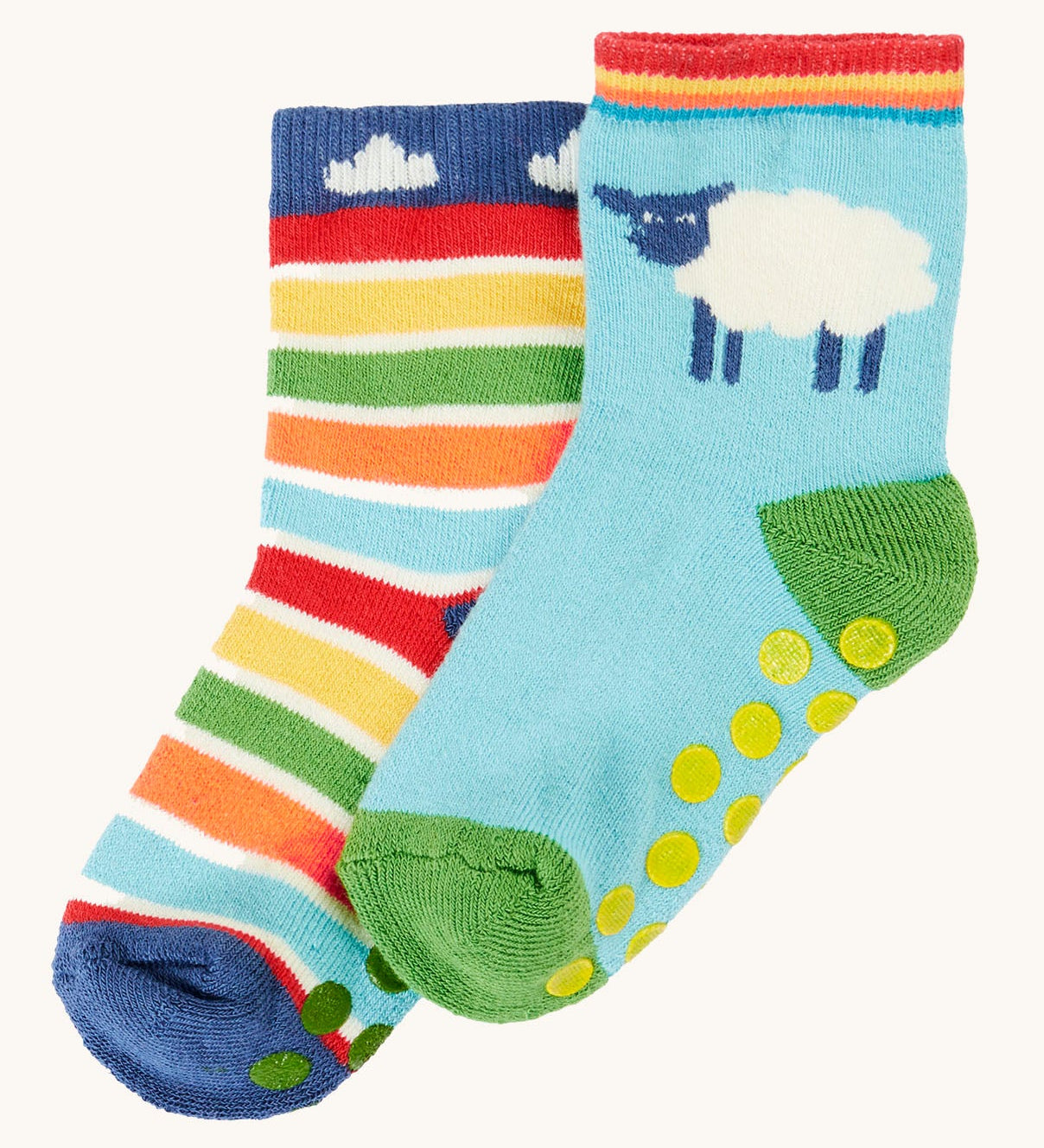 Frugi organic cotton 2 pack socks laid flat. In a striped and farm animal themed colours and designs 